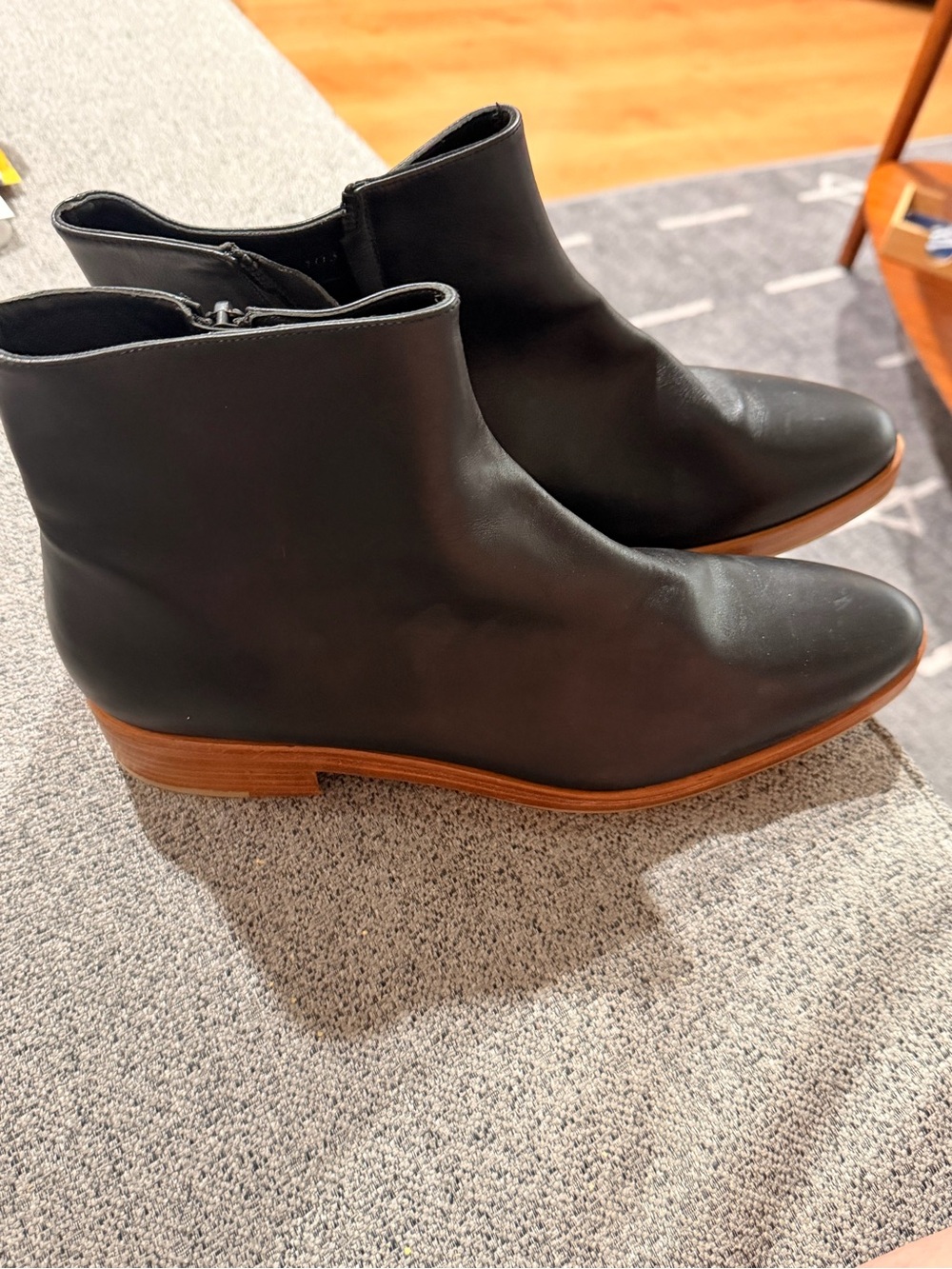 Freda Salvador Black Leather Ankle Booties with Brown Stacked Heel